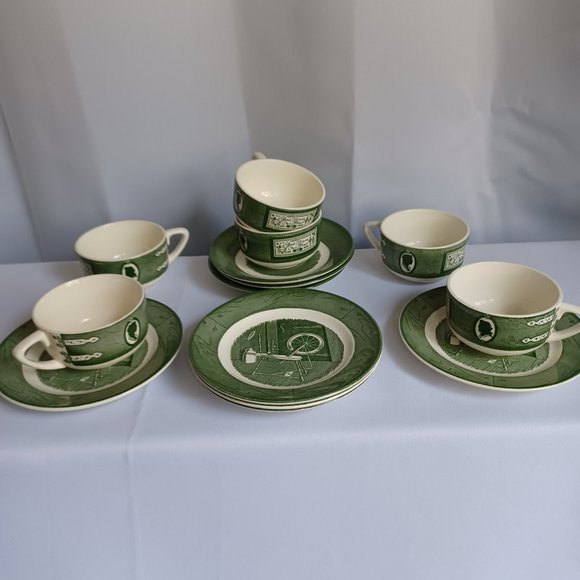 Tea set Colonial homestead green/ by Royal 6 cups, 6 plates , three small plates - Picture 1 of 11